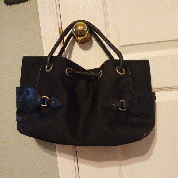 COLE HAAN Kaylanylon Purse Black Leather Dual Straps Satchel Shoulder Bag w Gold - Picture 1 of 14